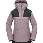 Volcom Women's Fern Insulated GORE-TEX Pullover - A light purple pullover with a black stripe across the chest and hood, featuring a zipper closure at the front.