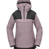 Volcom Women's Fern Insulated GORE-TEX Pullover - A light purple pullover with a black stripe across the chest and hood, featuring a zipper closure at the front.