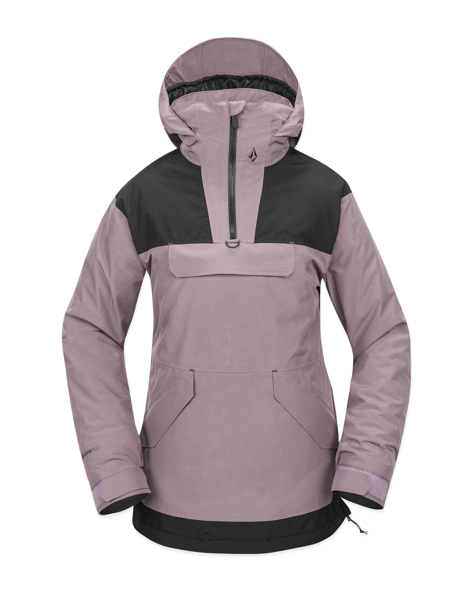 Volcom Women's Fern Insulated GORE-TEX Pullover - A light purple pullover with a black stripe across the chest and hood, featuring a zipper closure at the front.