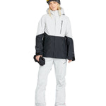 Volcom Women's V.Co Aris Insulated GORE-TEX Jacket - A black and white jacket with a hood, featuring a zippered front and two side pockets.