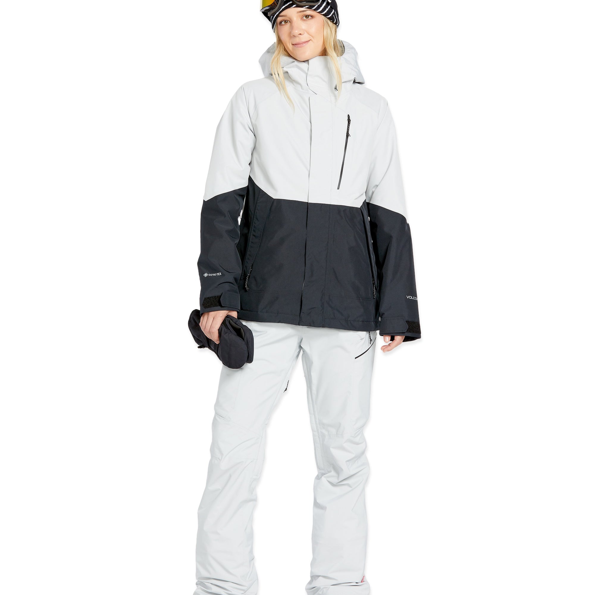 Volcom Women's V.Co Aris Insulated GORE-TEX Jacket - A black and white jacket with a hood, featuring a zippered front and two side pockets.
