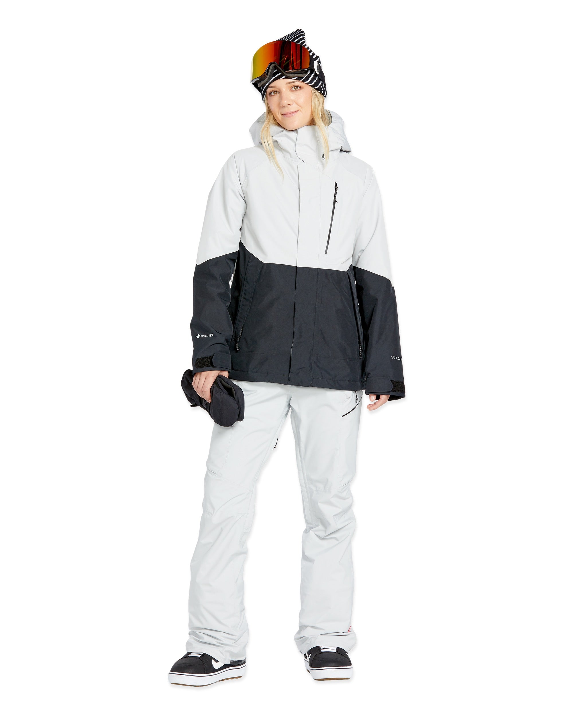 Volcom Women's V.Co Aris Insulated GORE-TEX Jacket - A black and white jacket with a hood, featuring a zippered front and two side pockets.