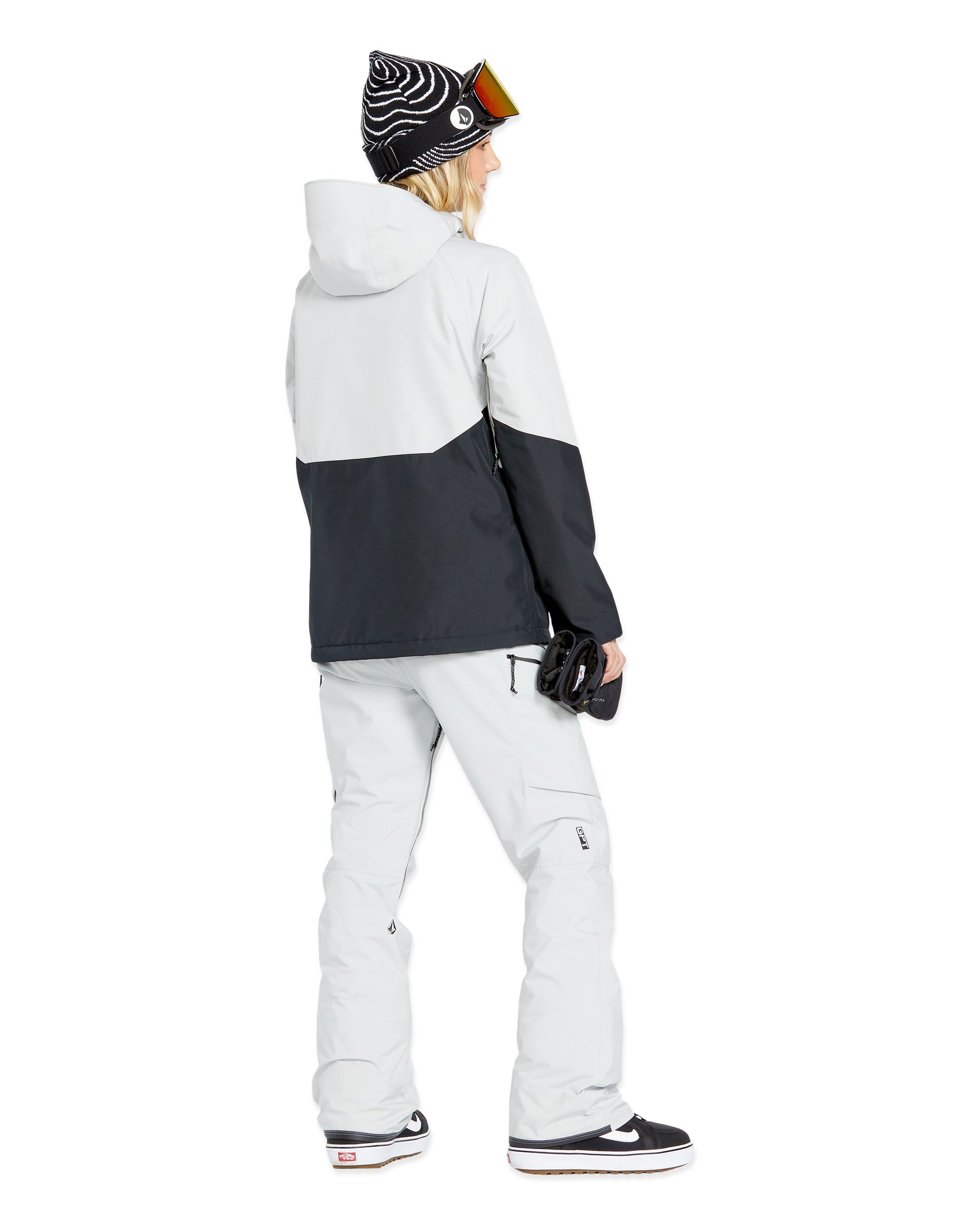 Volcom Women's V.Co Aris Insulated GORE-TEX Jacket - A black and white jacket with a hood, featuring a zippered front and two pockets on either side.