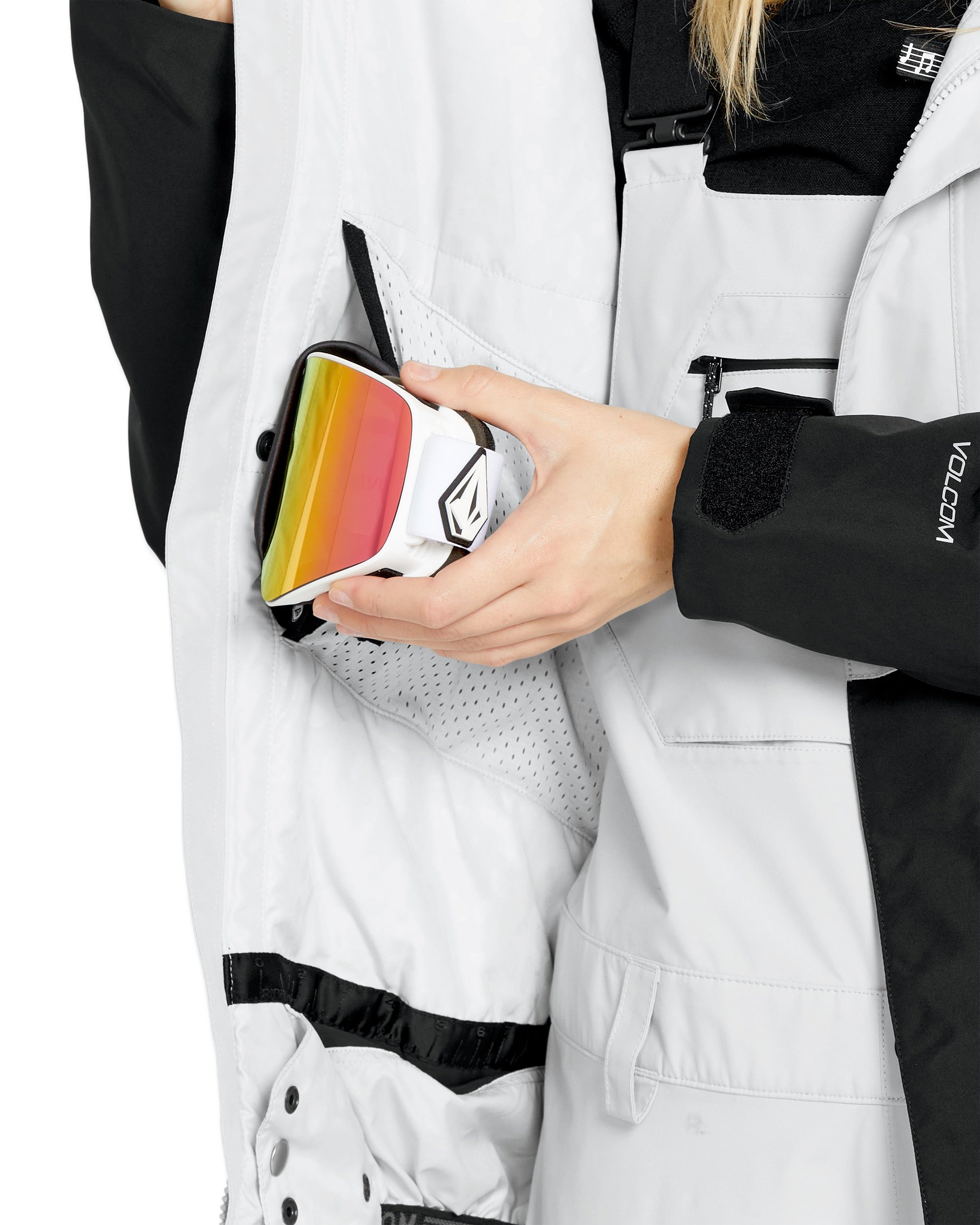 Volcom Women's V.Co Aris Insulated GORE-TEX Jacket - A white ski jacket with a black zipper and black straps on the shoulders.