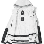 Volcom Women's V.Co Aris Insulated GORE-TEX Jacket - A white jacket with black accents and a hood, featuring a zipper down the front.