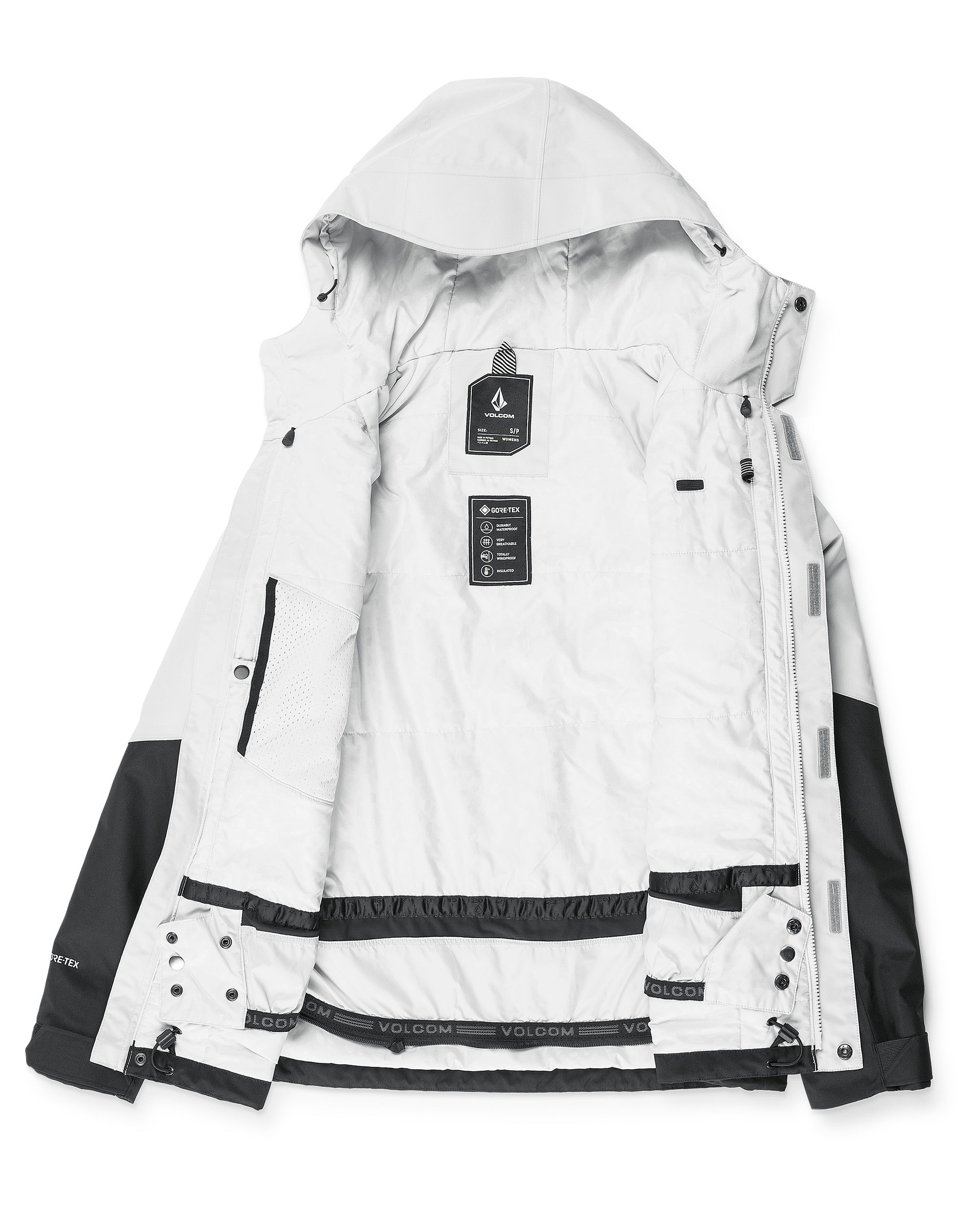 Volcom Women's V.Co Aris Insulated GORE-TEX Jacket - A white jacket with black accents and a hood, featuring a zipper down the front.