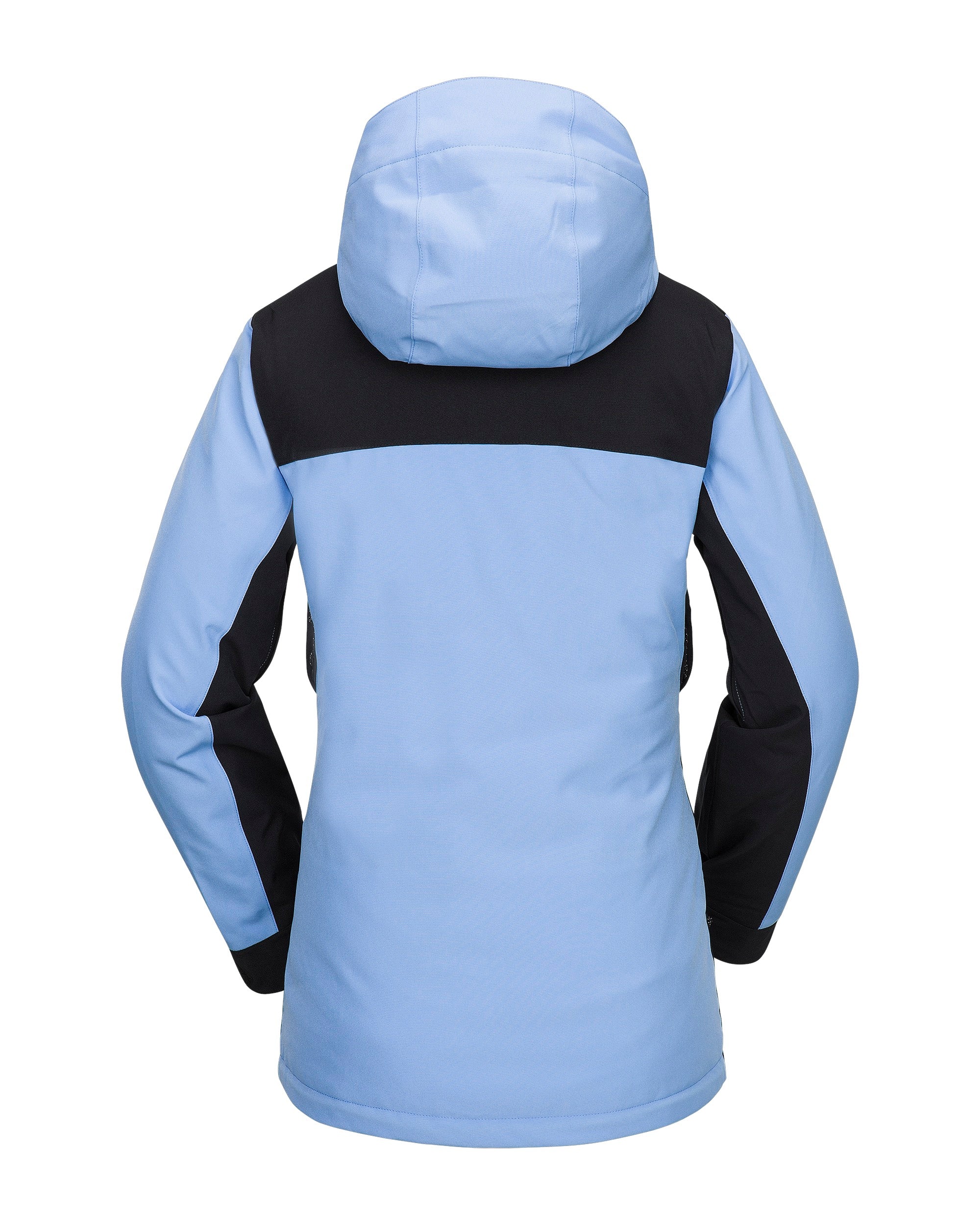 Volcom Women's Stoney Shadow Insulated Jacket - A light blue jacket with a darker blue stripe across the chest and black accents on the shoulders, hood, and cuffs.
