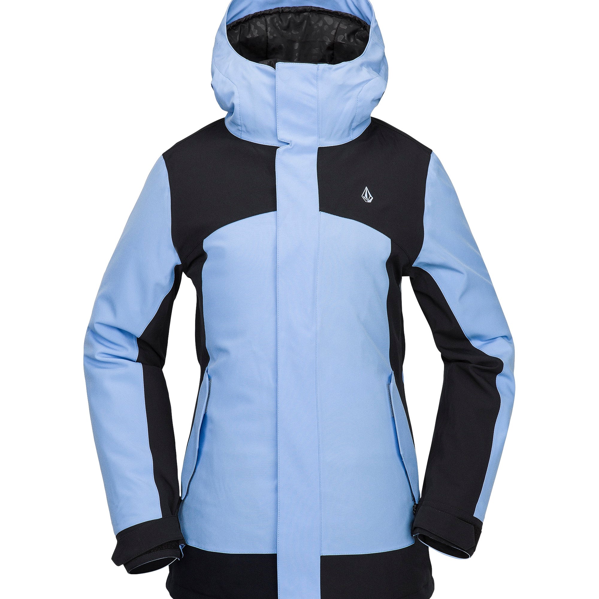 Volcom Women's Stoney Shadow Insulated Jacket - A light blue and black insulated jacket with a hood, featuring a small white logo on the upper right chest area.