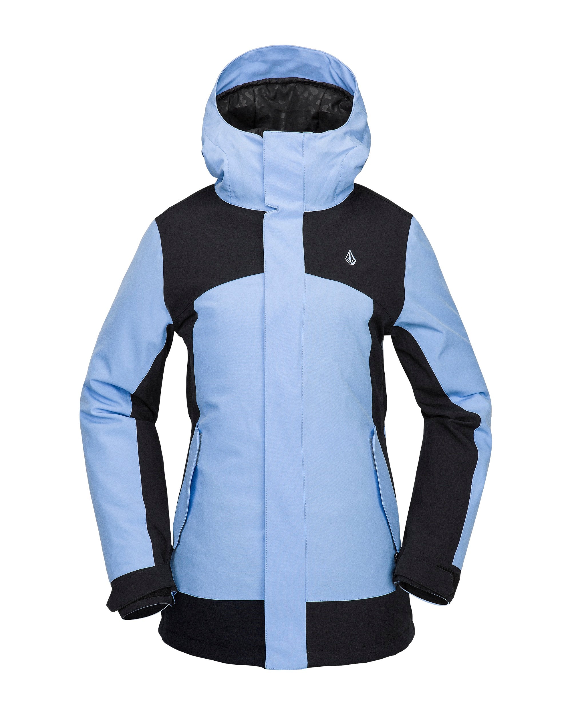 Volcom Women's Stoney Shadow Insulated Jacket - A light blue and black insulated jacket with a hood, featuring a small white logo on the upper right chest area.