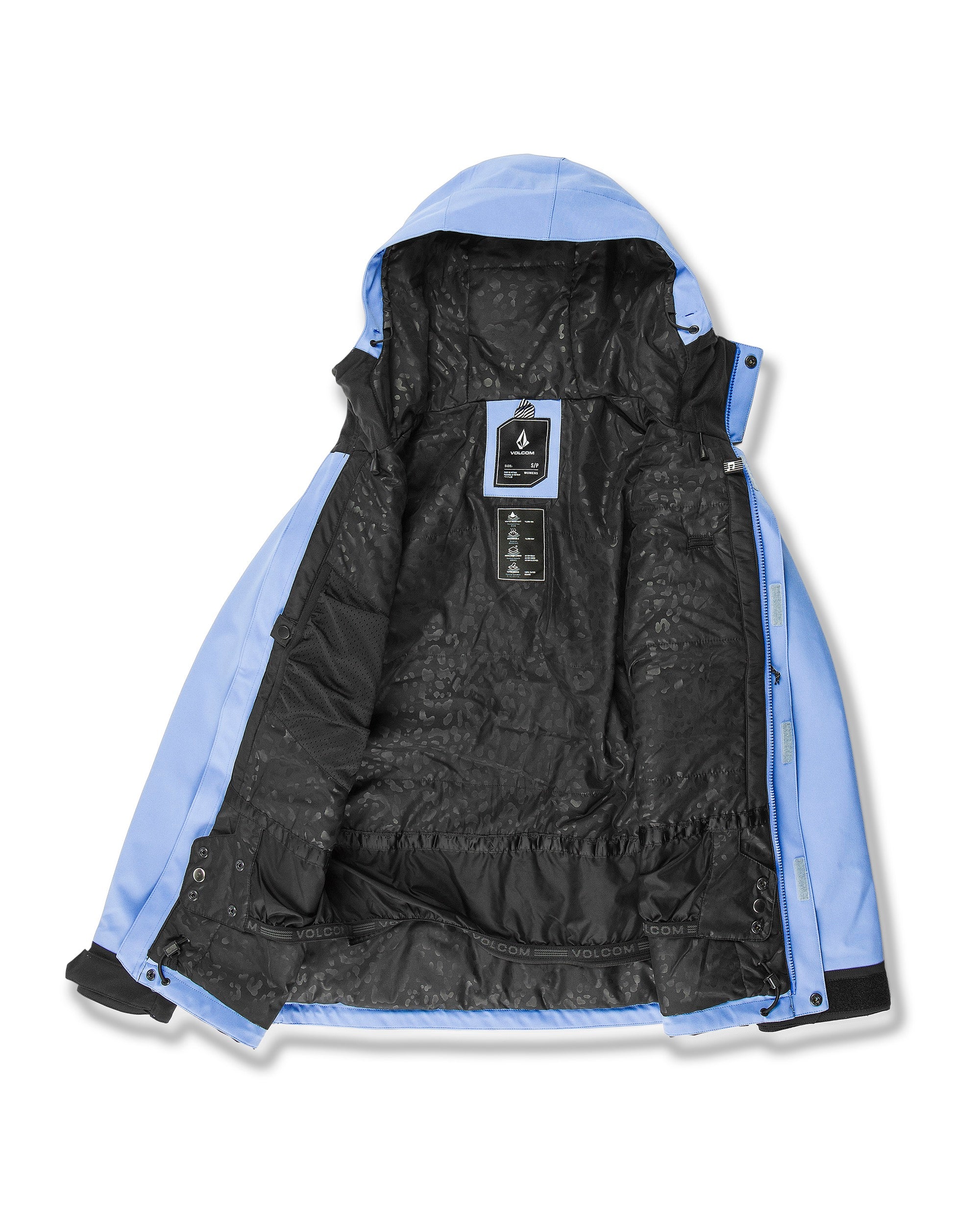 Volcom Women's Stoney Shadow Insulated Jacket - A light blue jacket with a hood, featuring a subtle shadow pattern on the front and back.