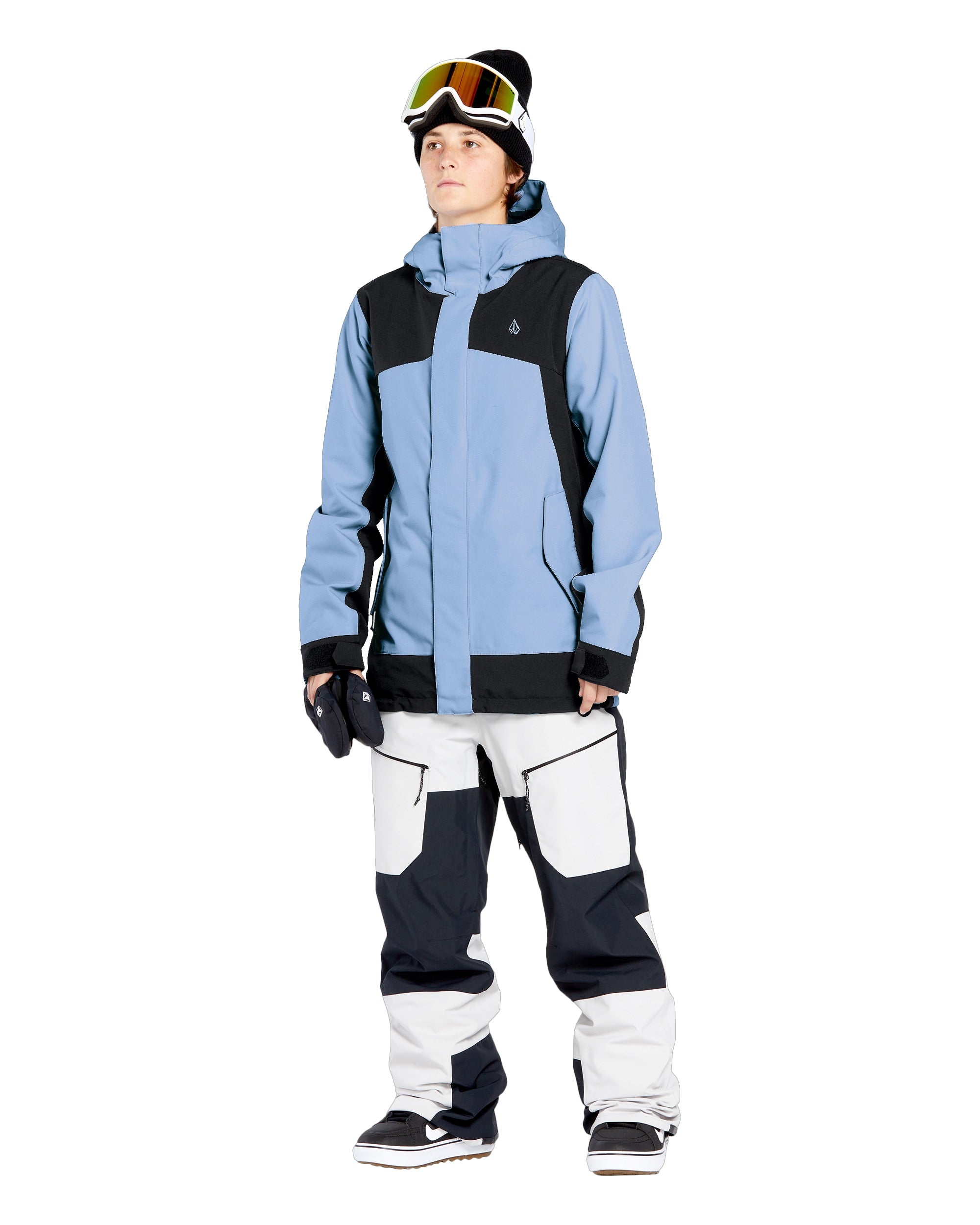 Volcom Women's Stoney Shadow Insulated Jacket - A light blue jacket with black accents and a hood, featuring a zipper closure.