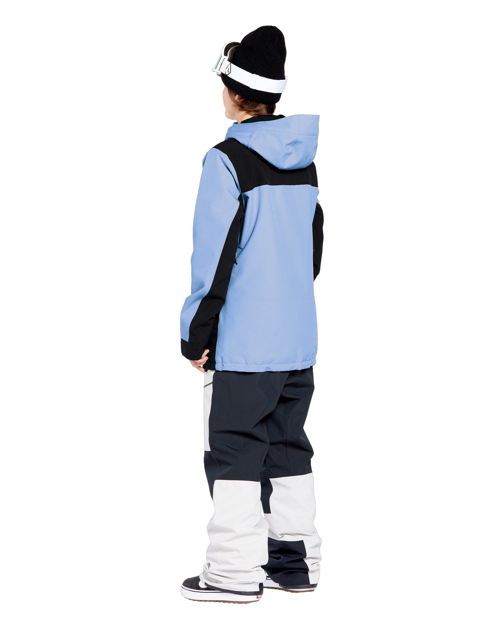 Volcom Women's Stoney Shadow Insulated Jacket - A light blue jacket with black accents and a hood, featuring a zipper closure on the front.