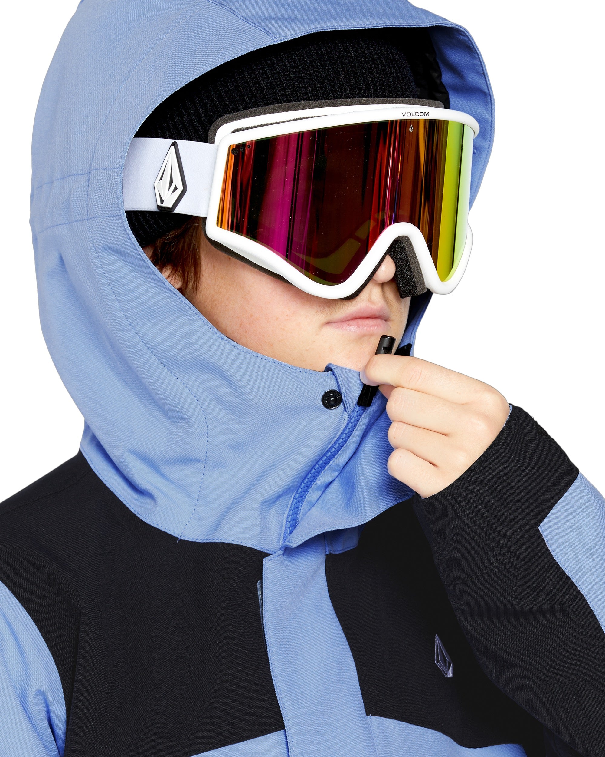 Volcom Women's Stoney Shadow Insulated Jacket - A light blue jacket with a black stripe on the shoulder and a zipper closure.