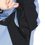 Volcom Women's Stoney Shadow Insulated Jacket - A black insulated jacket with a white and grey geometric pattern on the back, worn by a model in front of a snowy mountain backdrop.