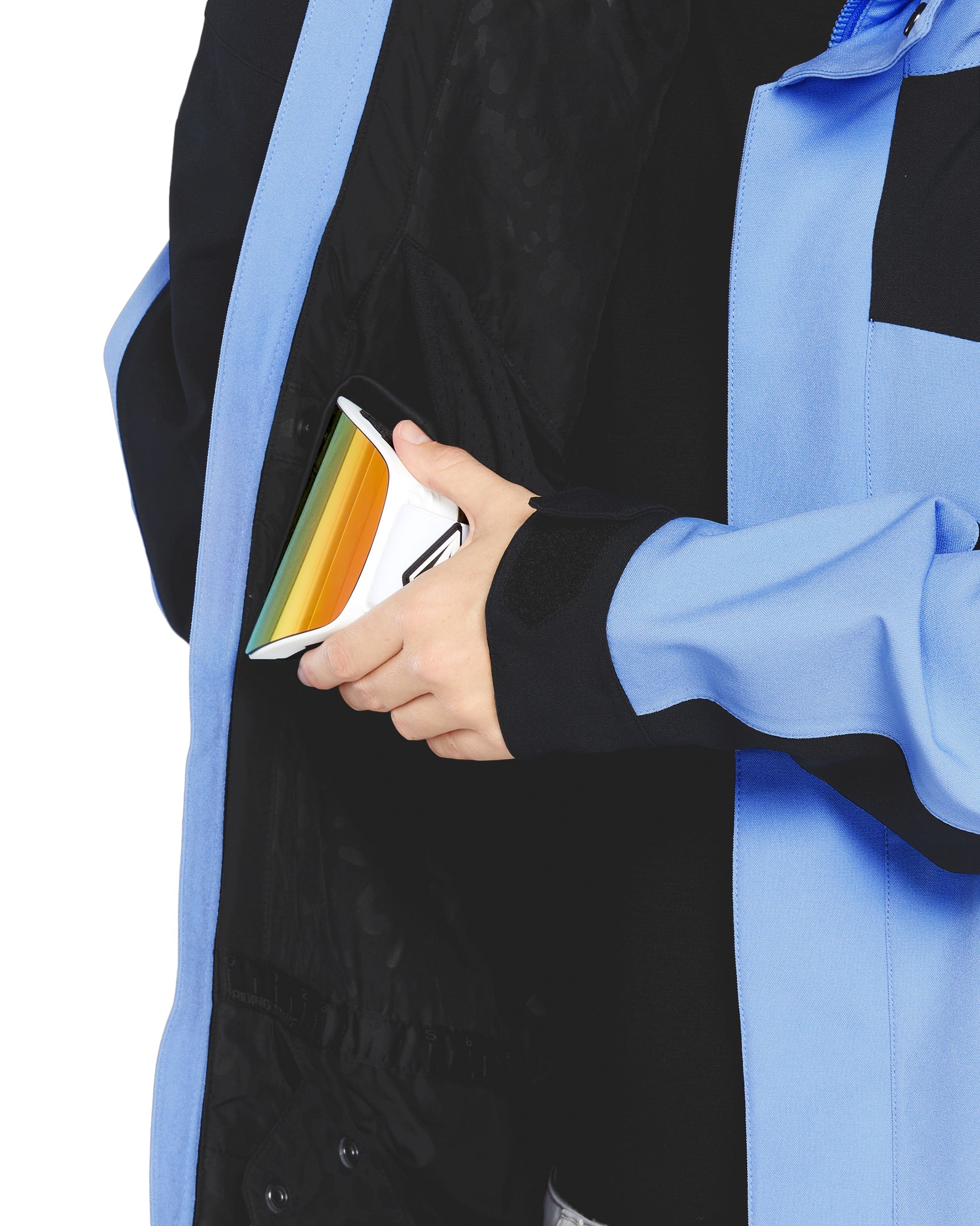 Volcom Women's Stoney Shadow Insulated Jacket - A black jacket with a blue stripe down the side and a white logo on the left chest.