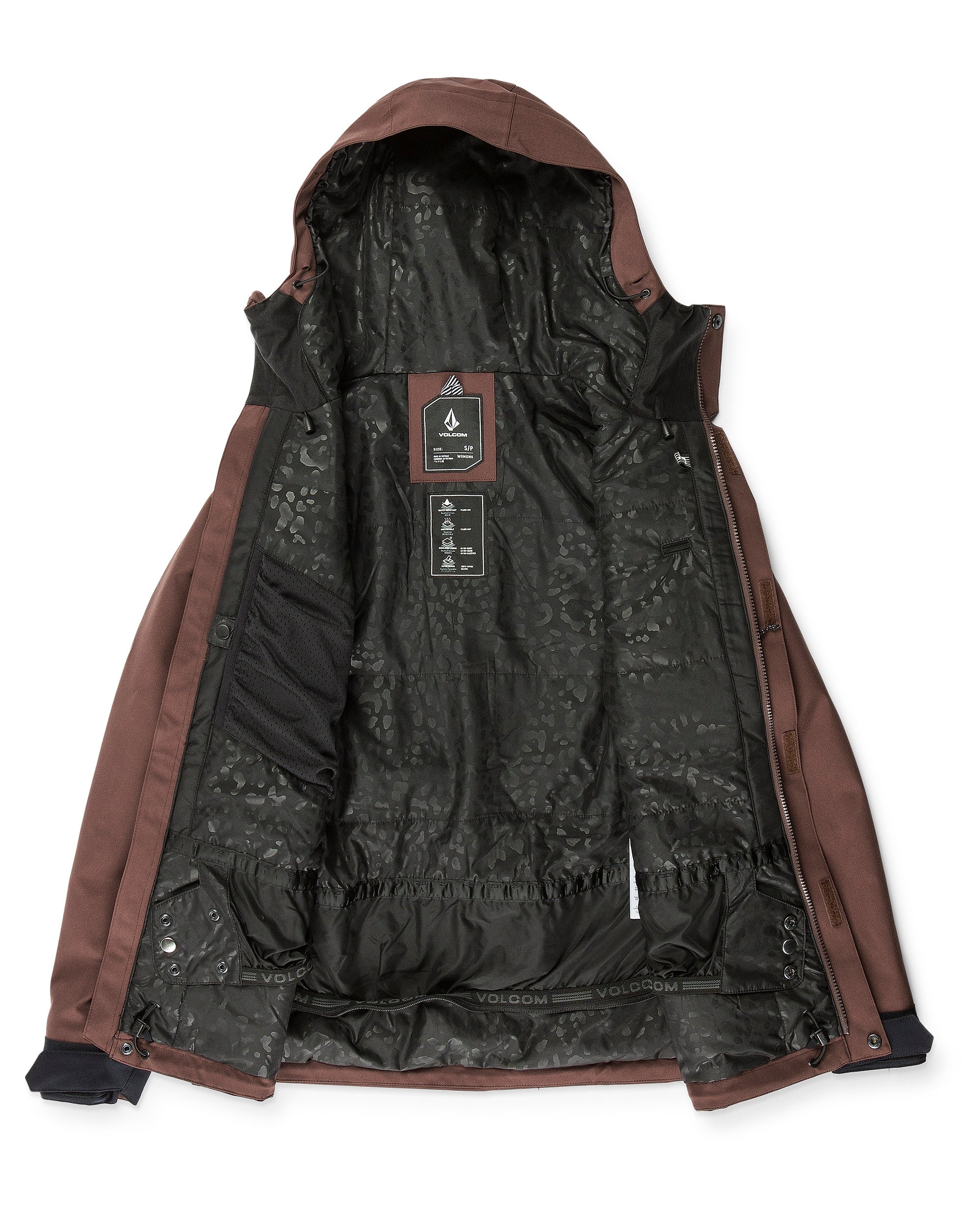 Volcom Women's Stoney Shadow Insulated Jacket - A brown insulated jacket with a hood, featuring a subtle shadow pattern on the front and back.