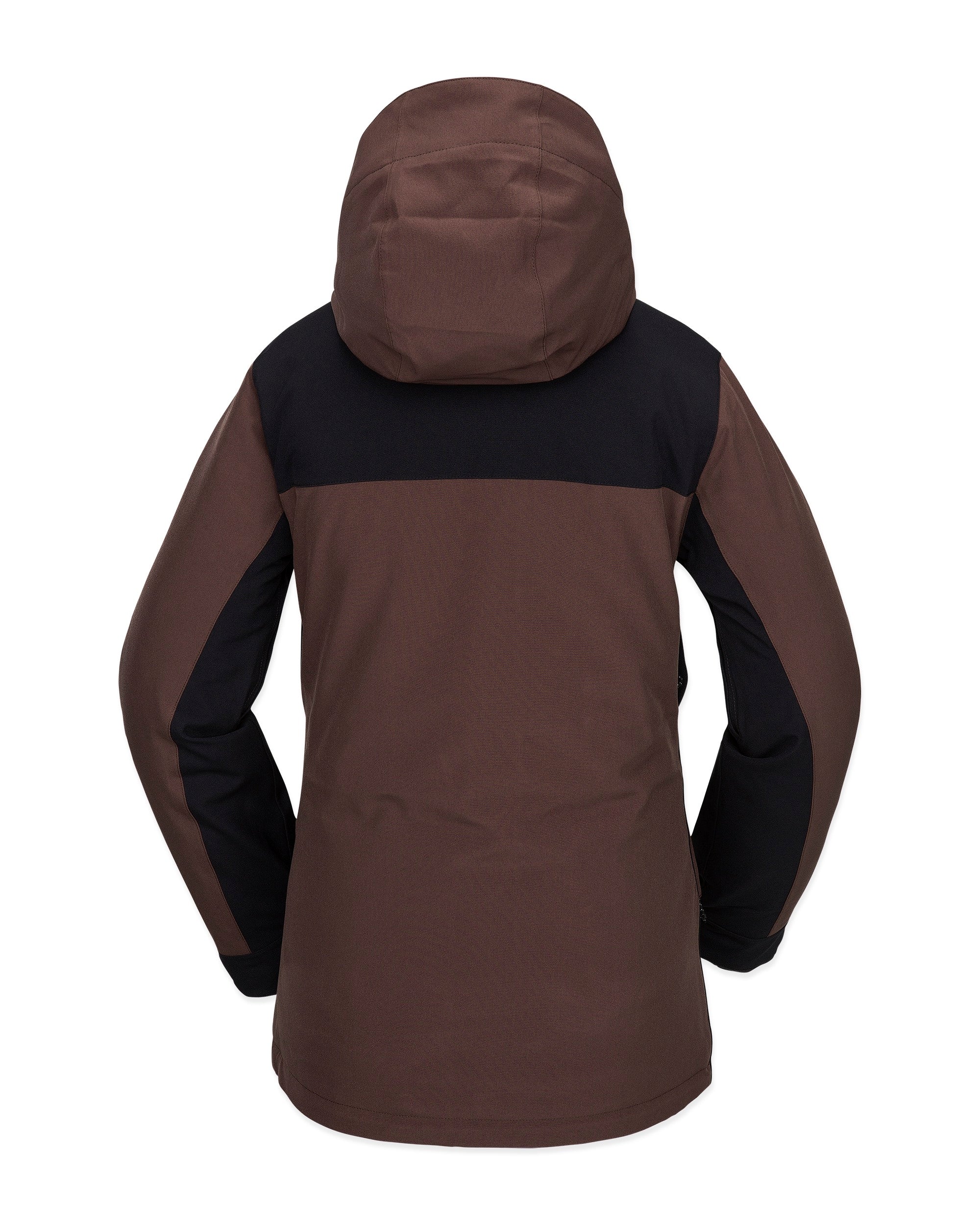 Volcom Women's Stoney Shadow Insulated Jacket - A brown and black insulated jacket with a hood, featuring a shadow design on the back.