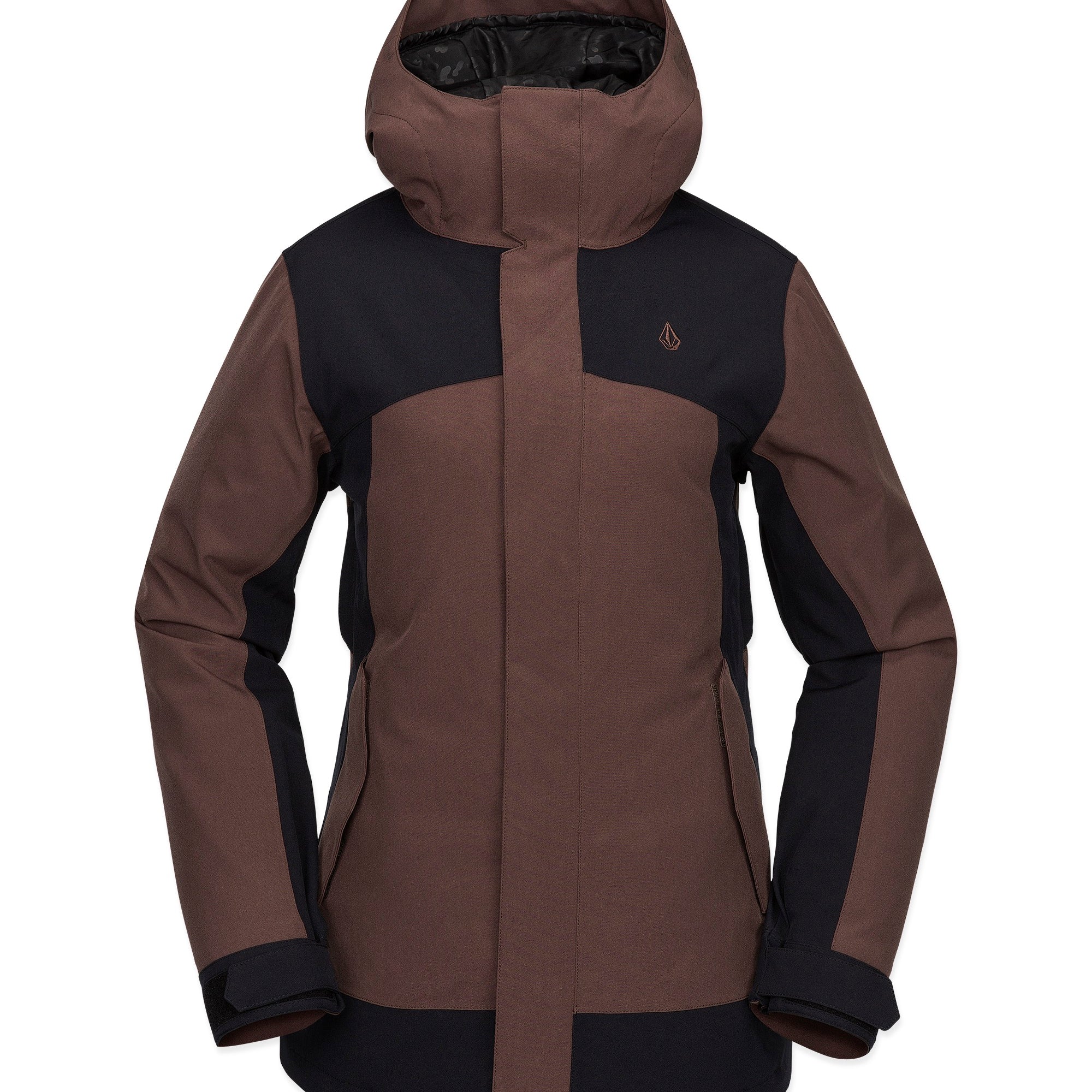 Volcom Women's Stoney Shadow Insulated Jacket - A brown and black insulated jacket with a hood, featuring a small logo on the upper right chest area.