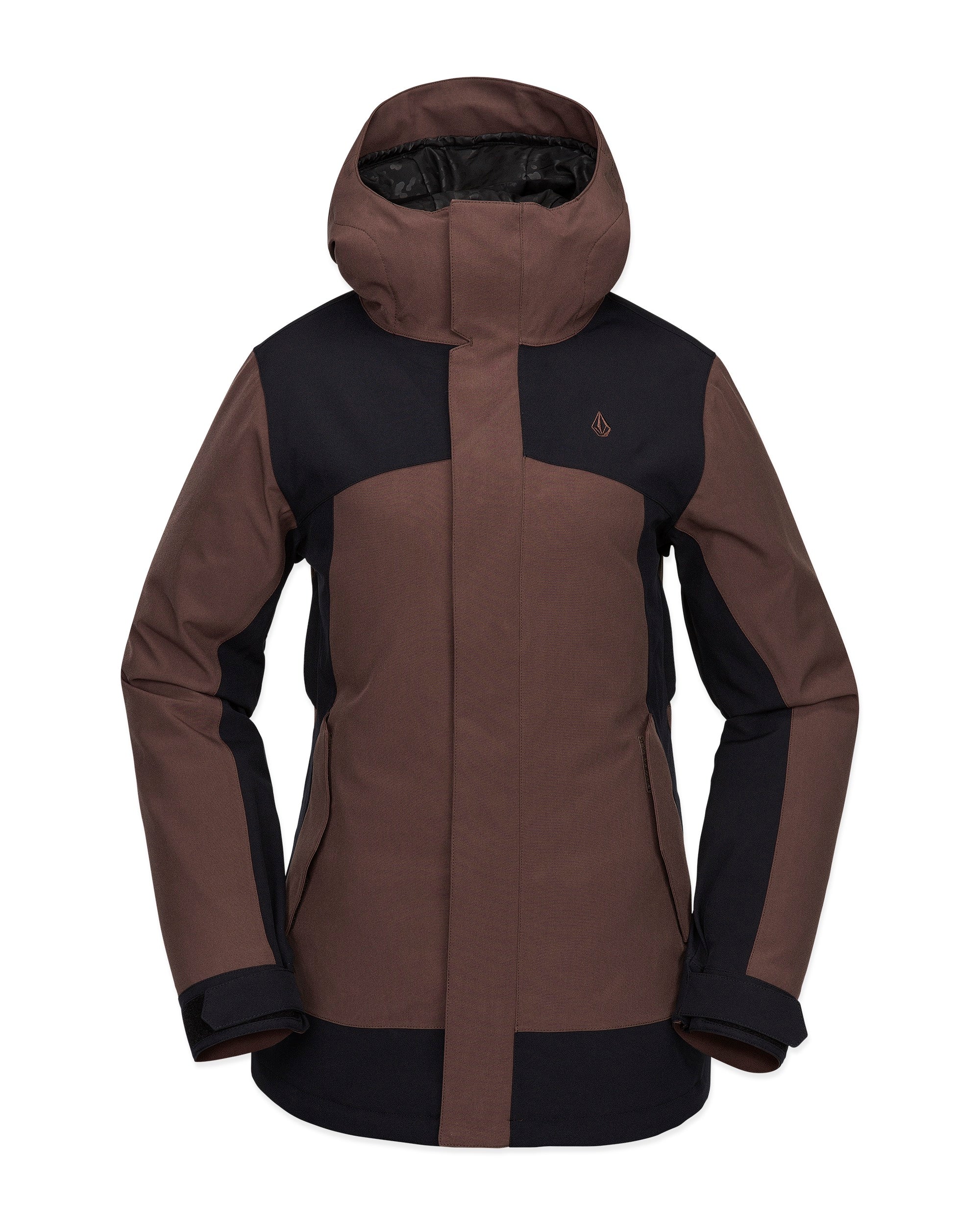 Volcom Women's Stoney Shadow Insulated Jacket - A brown and black insulated jacket with a hood, featuring a small logo on the upper right chest area.