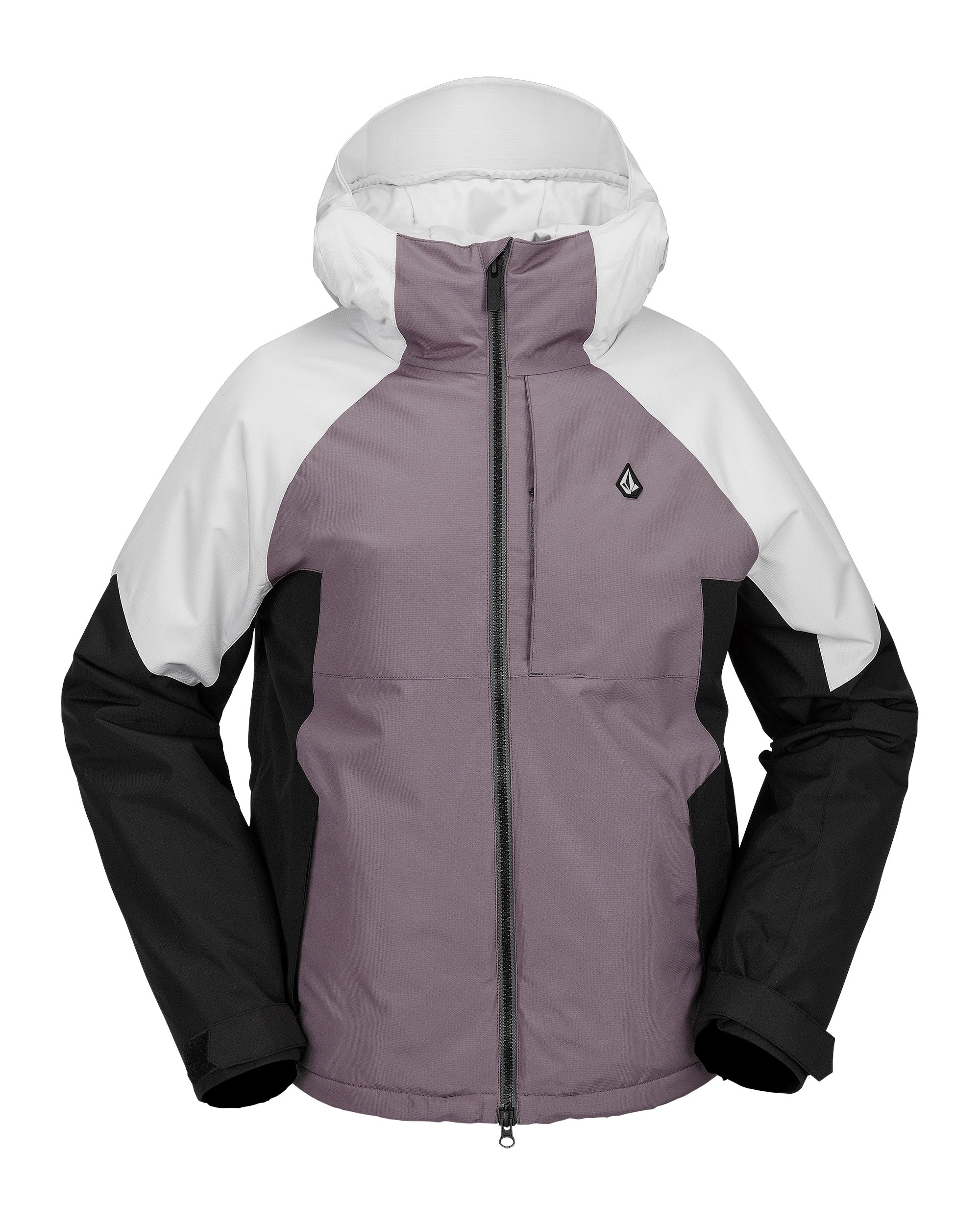 Volcom Women's Agate Ins Jacket 2025 - A women's jacket with a black and white color block design, featuring a hood and zip closure.