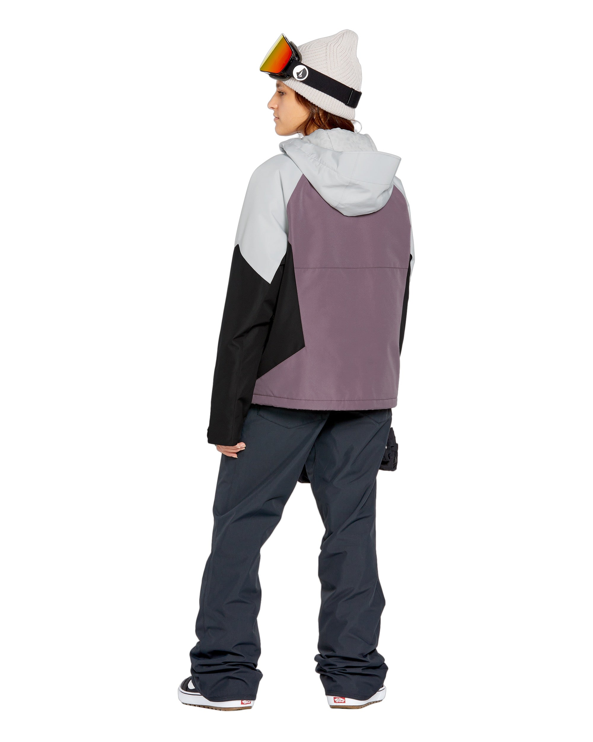 Volcom Women's Agate Ins Jacket 2025 - A black, grey and purple jacket with a hood, worn by a model facing away from the camera.