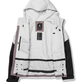 Volcom Women's Agate Ins Jacket 2025 - A white and black jacket with a hood, featuring a zipper closure on the front.