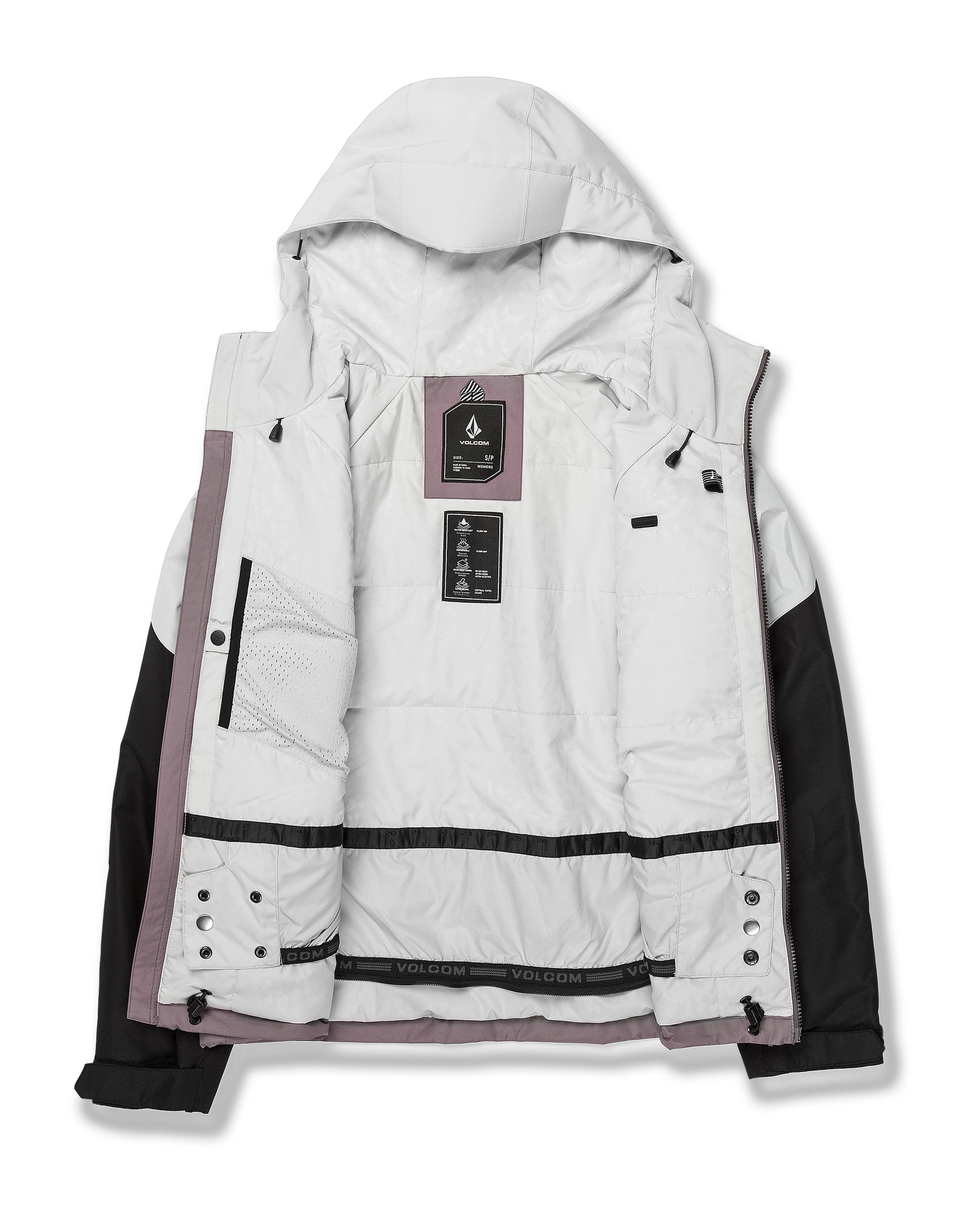 Volcom Women's Agate Ins Jacket 2025 - A white and black jacket with a hood, featuring a zipper closure on the front.