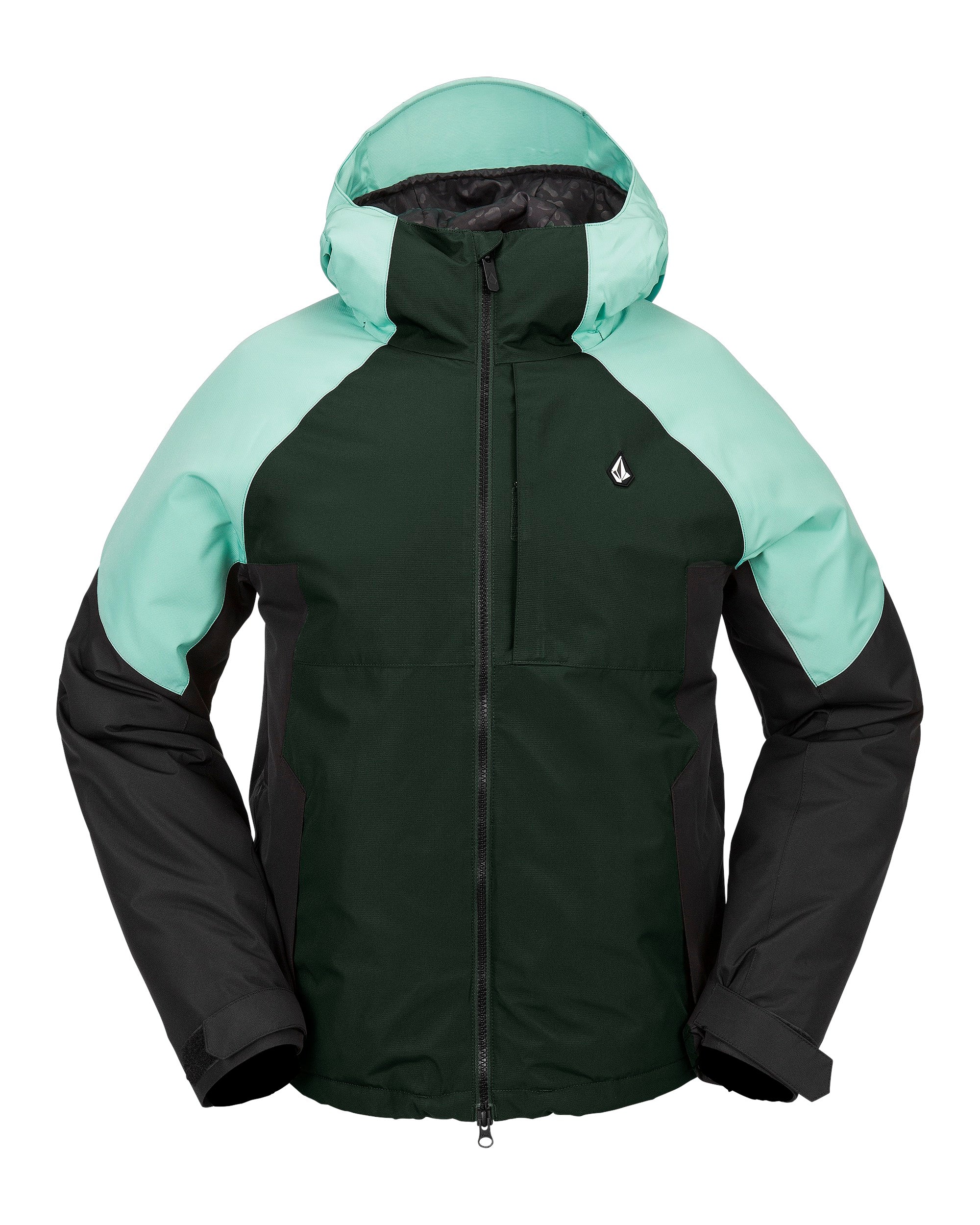 Volcom Women's Agate Ins Jacket 2025 - A dark green and light teal jacket with a hood, featuring a small white logo on the left chest area.