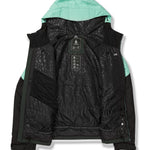 Volcom Women's Agate Ins Jacket 2025 - A black jacket with a light green hood and accents on the side, featuring a leopard print lining.