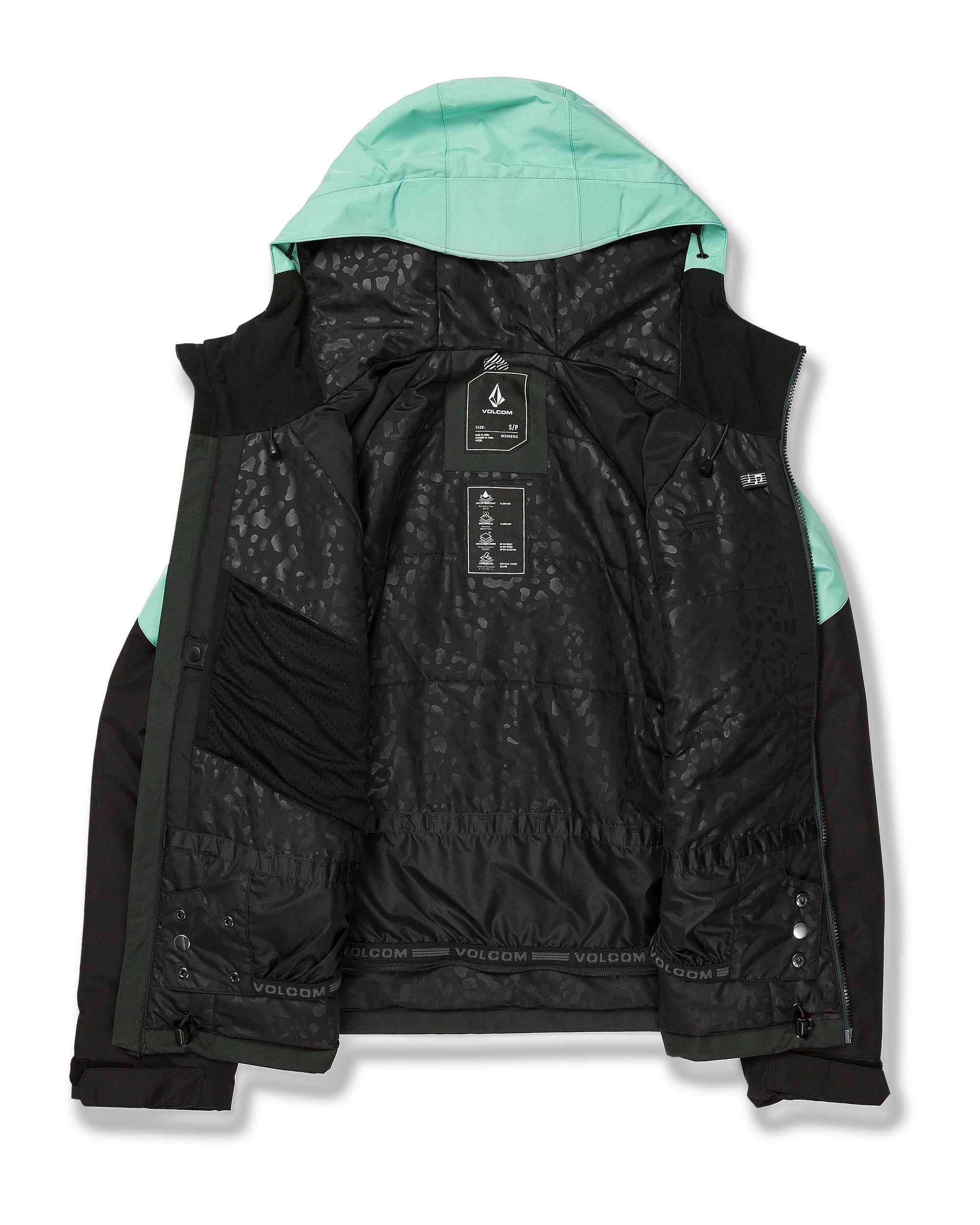 Volcom Women's Agate Ins Jacket 2025 - A black jacket with a light green hood and accents on the side, featuring a leopard print lining.