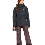 Volcom Women's Bolt Ins Jacket 2025 - A black jacket with a hood, featuring a small orange logo on the left chest area.