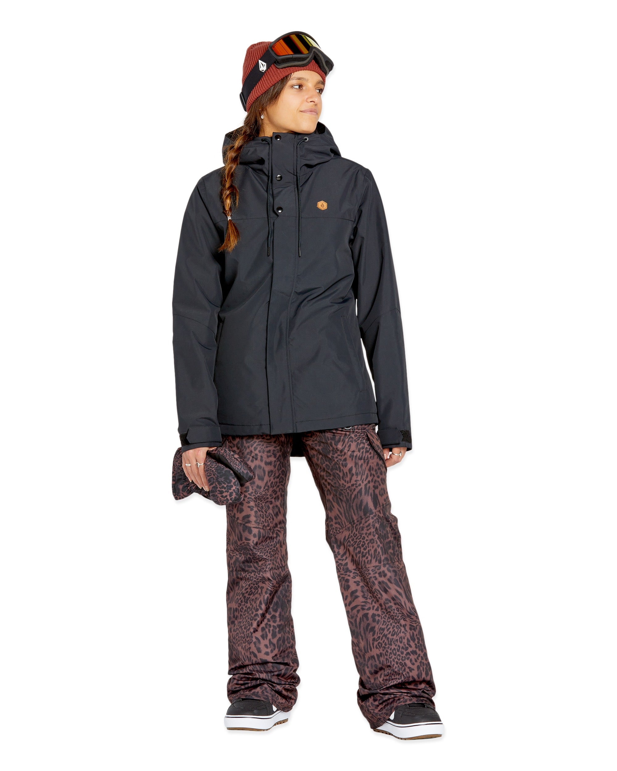 Volcom Women's Bolt Ins Jacket 2025 - A black jacket with a hood, featuring a small orange logo on the left chest area.