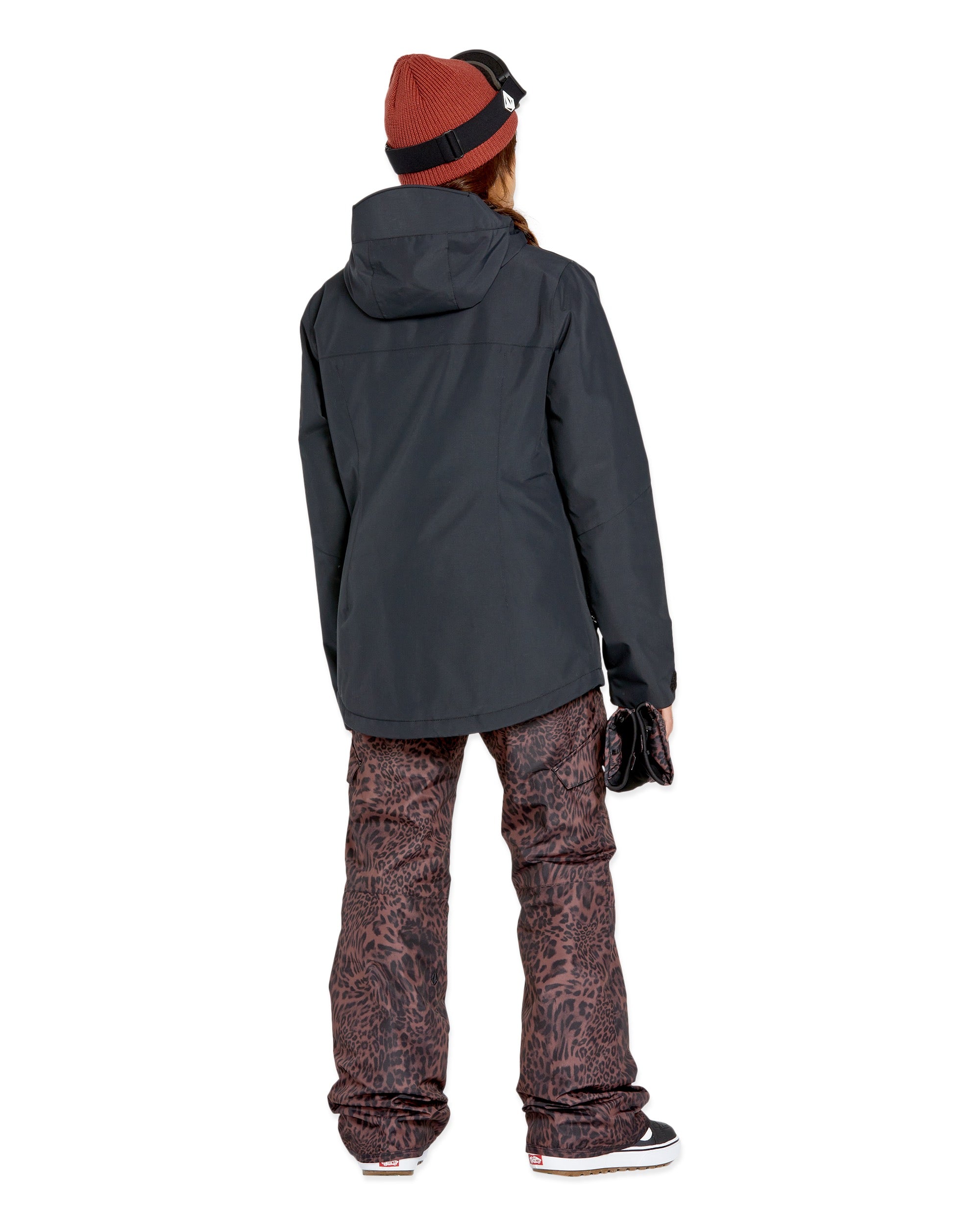 Volcom Women's Bolt Ins Jacket 2025 - A black jacket with a hood, zippered pockets and a white logo on the left chest.