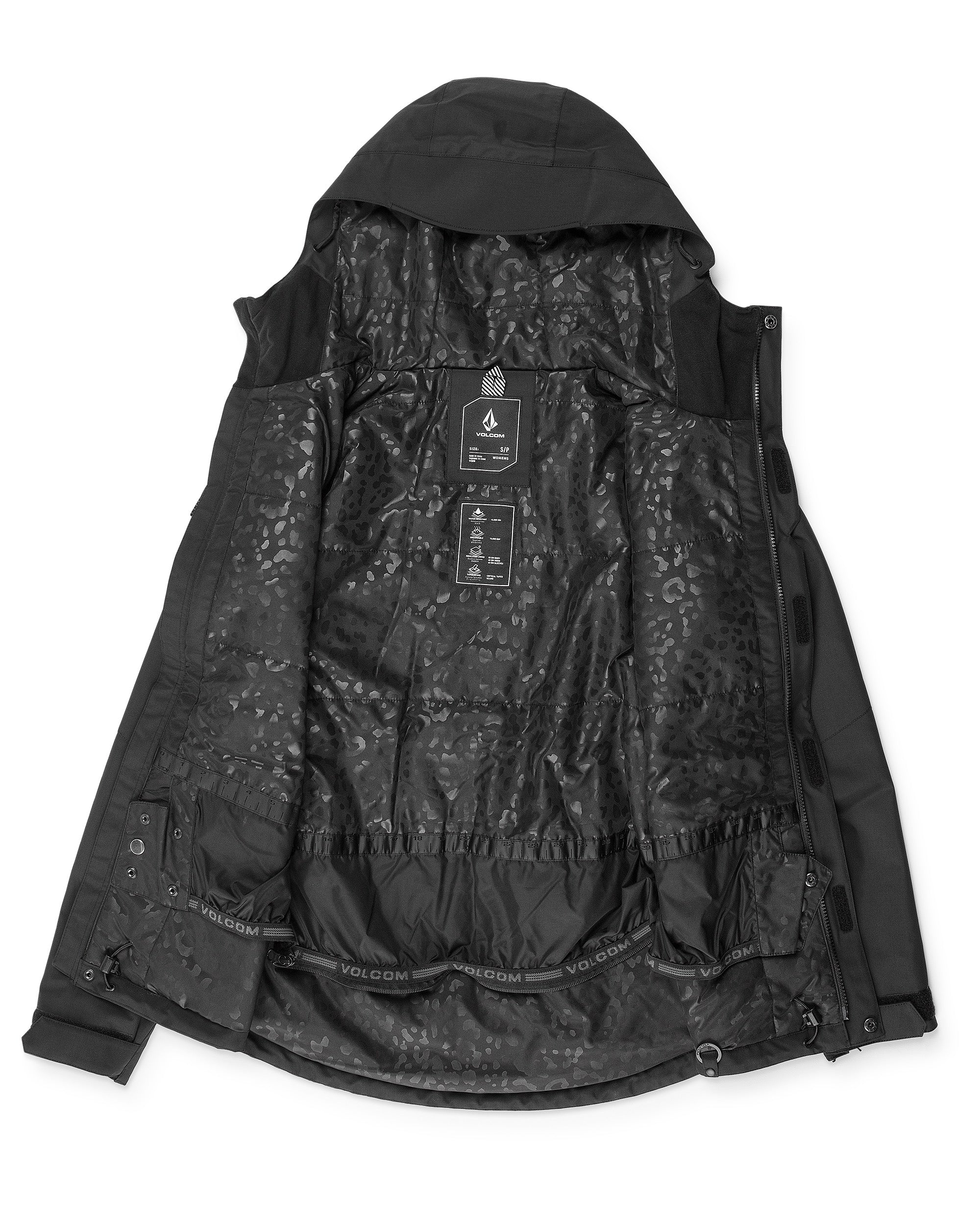 Volcom Women's Bolt Ins Jacket 2025 - A black jacket with a hood, featuring a subtle leopard print pattern on the interior lining.
