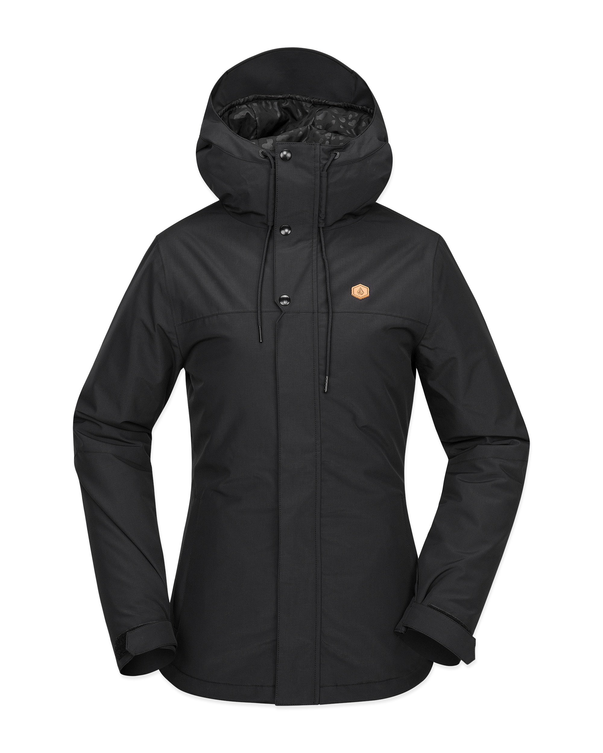 Volcom Women's Bolt Ins Jacket 2025 - A black jacket with a hood, featuring a small orange logo on the left chest area.