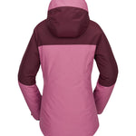 Volcom Women's Bolt Ins Jacket 2025 - A pink jacket with a hood, featuring a darker pink stripe across the chest and sleeves.