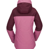 Volcom Women's Bolt Ins Jacket 2025 - A pink jacket with a hood, featuring a darker pink stripe across the chest and sleeves.