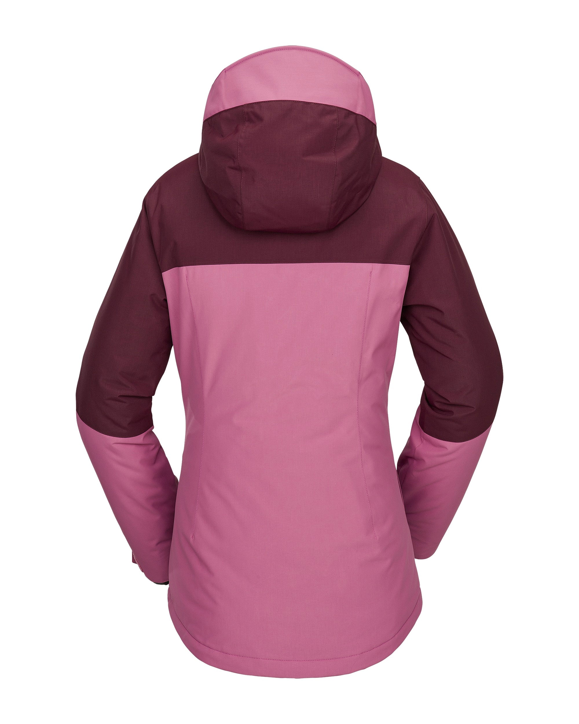 Volcom Women's Bolt Ins Jacket 2025 - A pink jacket with a hood, featuring a darker pink stripe across the chest and sleeves.