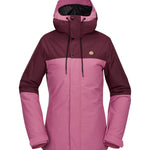Volcom Women's Bolt Ins Jacket 2025 - A pink and purple jacket with a hood, featuring black drawstrings and buttons down the front.