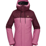 Volcom Women's Bolt Ins Jacket 2025 - A pink and purple jacket with a hood, featuring black drawstrings and buttons down the front.