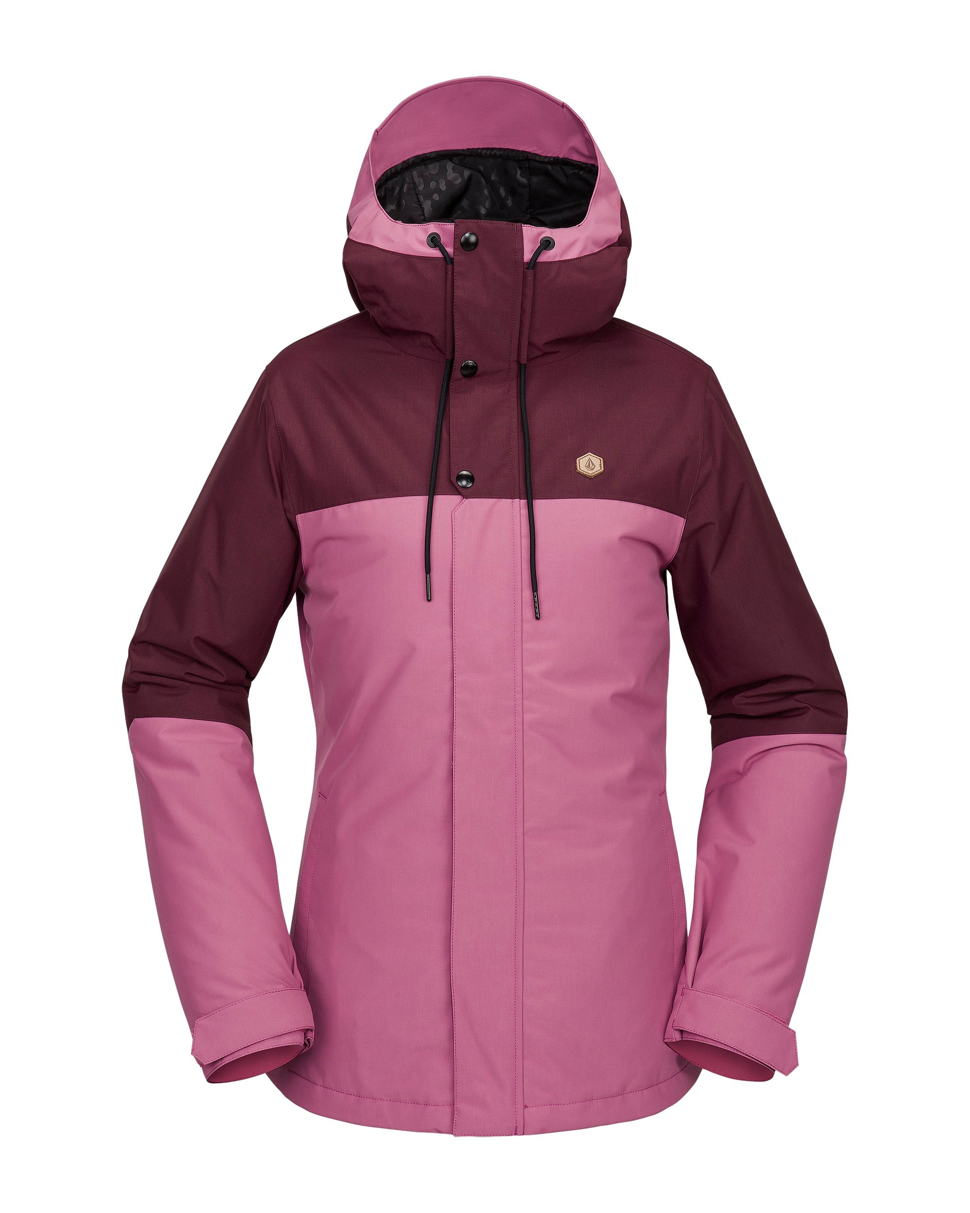 Volcom Women's Bolt Ins Jacket 2025 - A pink and purple jacket with a hood, featuring black drawstrings and buttons down the front.