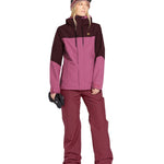 Volcom Women's Bolt Ins Jacket 2025 - A pink and black jacket with a hood, featuring a zipper closure and two zippered pockets on the front.