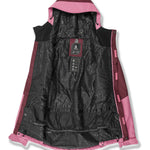 Volcom Women's Bolt Ins Jacket 2025 - A black jacket with a pink hood and accents, featuring a zippered front and two pockets on either side.