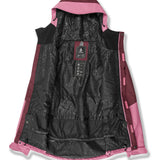 Volcom Women's Bolt Ins Jacket 2025 - A black jacket with a pink hood and accents, featuring a zippered front and two pockets on either side.