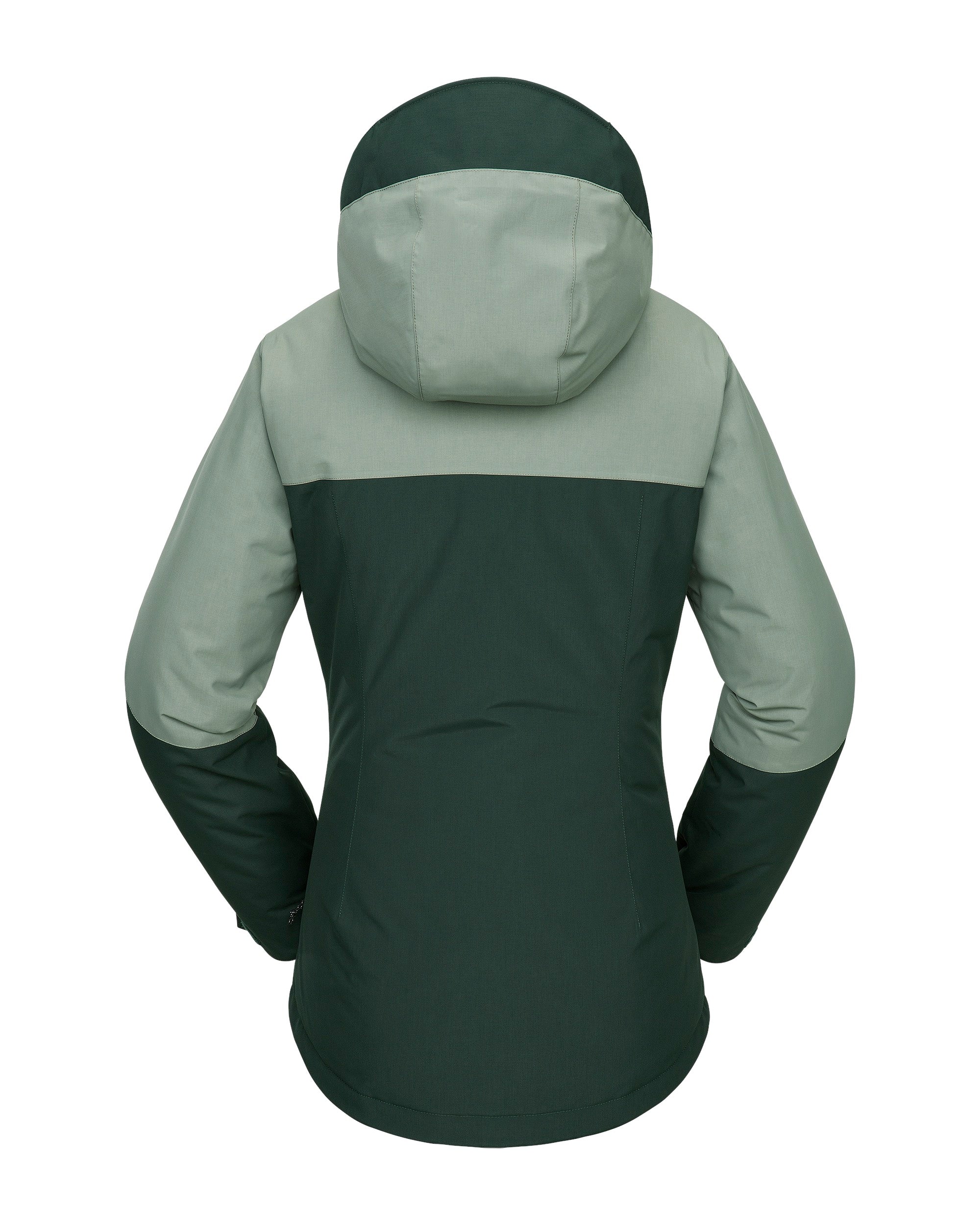 Volcom Women's Bolt Ins Jacket 2025 - A dark green jacket with a hood, featuring a zippered front and two side pockets.