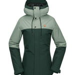 Volcom Women's Bolt Ins Jacket 2025 - A dark green jacket with a hood, featuring two snap buttons and a small logo on the upper right side.