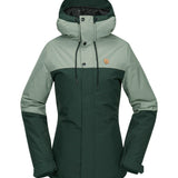 Volcom Women's Bolt Ins Jacket 2025 - A dark green jacket with a hood, featuring two snap buttons and a small logo on the upper right side.