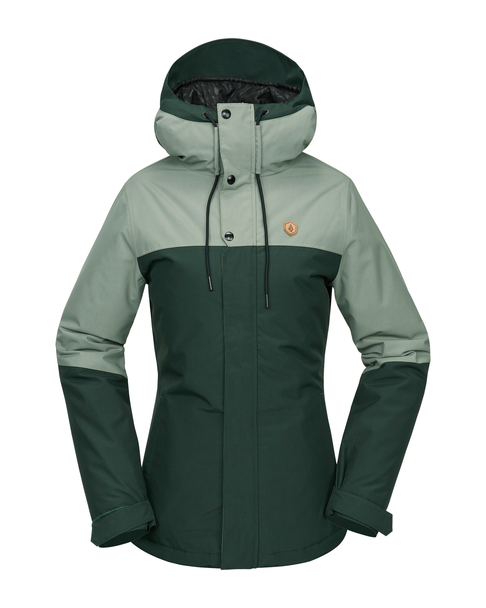 Volcom Women's Bolt Ins Jacket 2025 - A dark green jacket with a hood, featuring two snap buttons and a small logo on the upper right side.