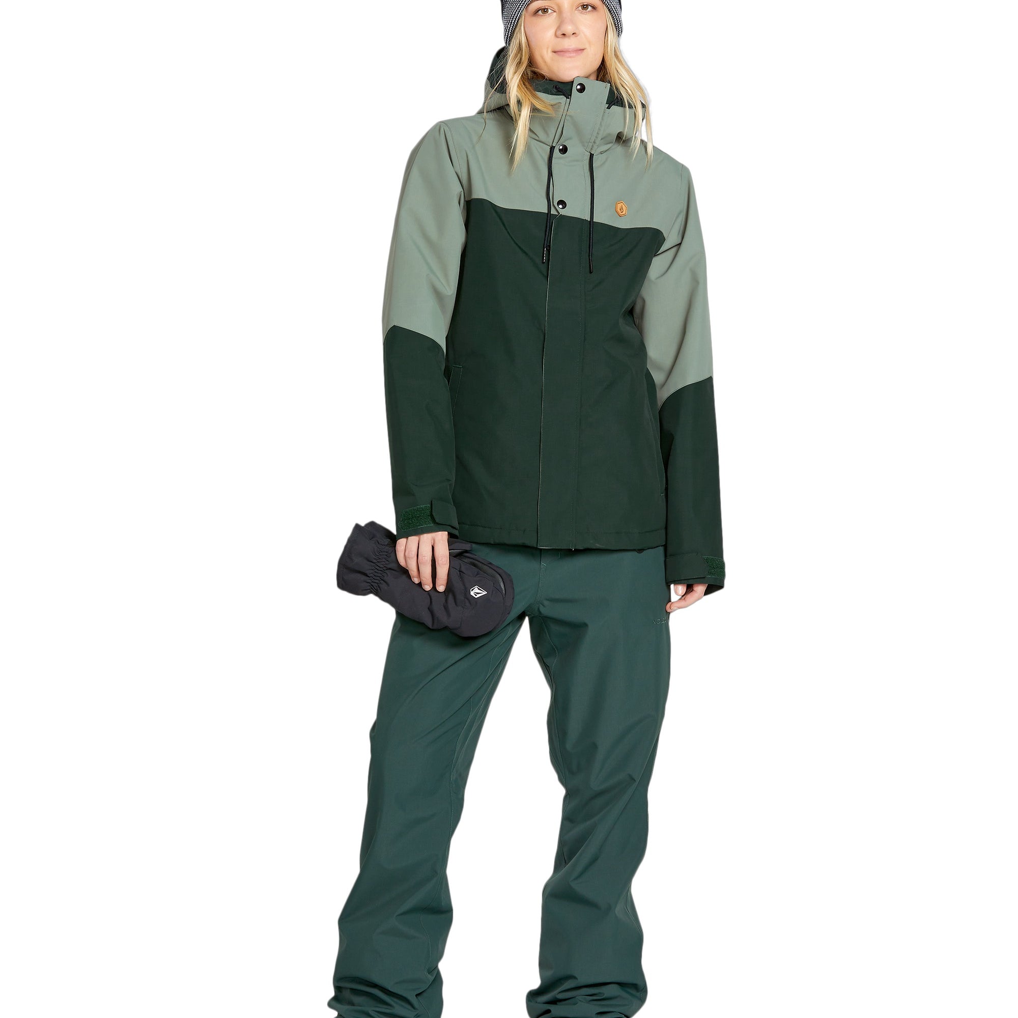 Volcom Women's Bolt Ins Jacket - A dark green jacket with a hood and two zippered pockets on the front, featuring a small orange logo on the left chest area.