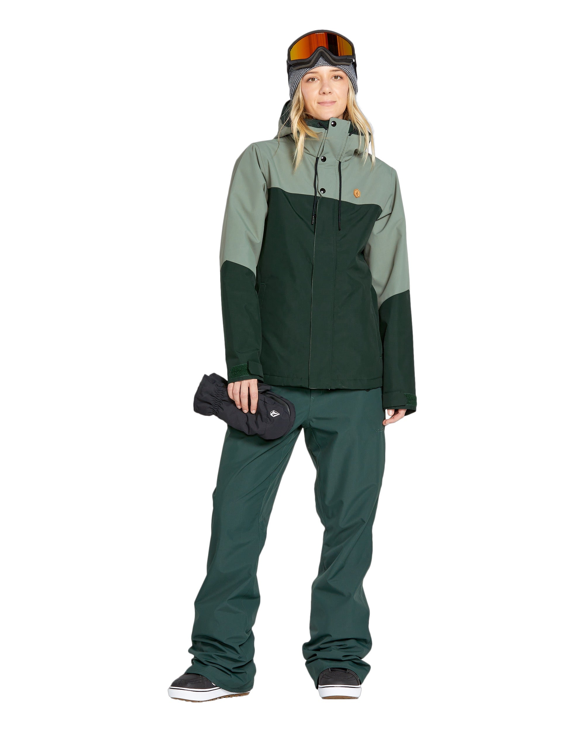 Volcom Women's Bolt Ins Jacket - A dark green jacket with a hood and two zippered pockets on the front, featuring a small orange logo on the left chest area.